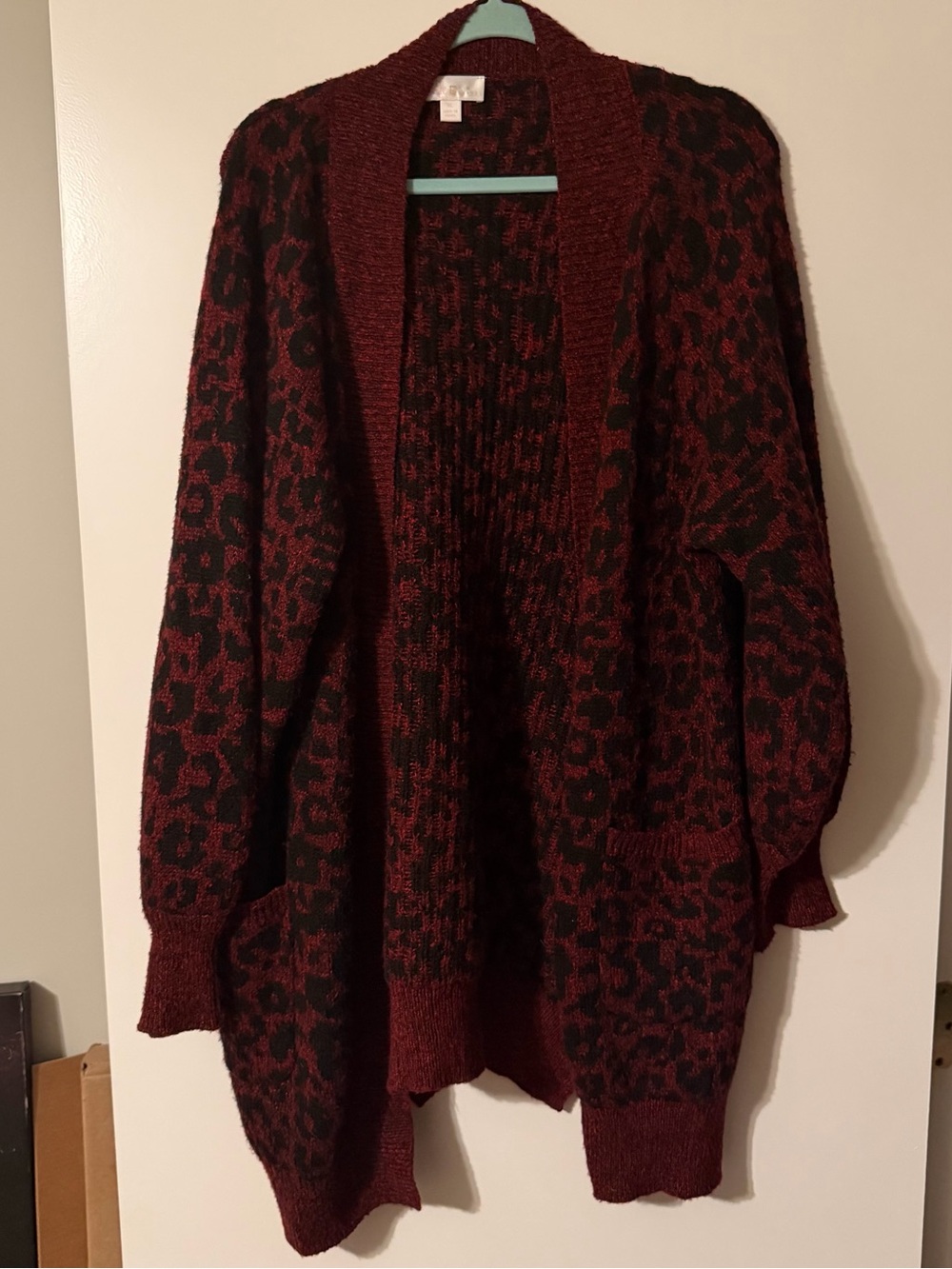 Elle Open-Front Burgundy and Black Leopard Print Cardigan